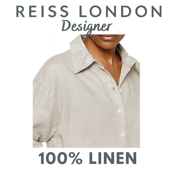 Reiss Nina Linen Overhead Open-Collar Shirt Sage Green 4 Designer Luxury Linen - Picture 1 of 11